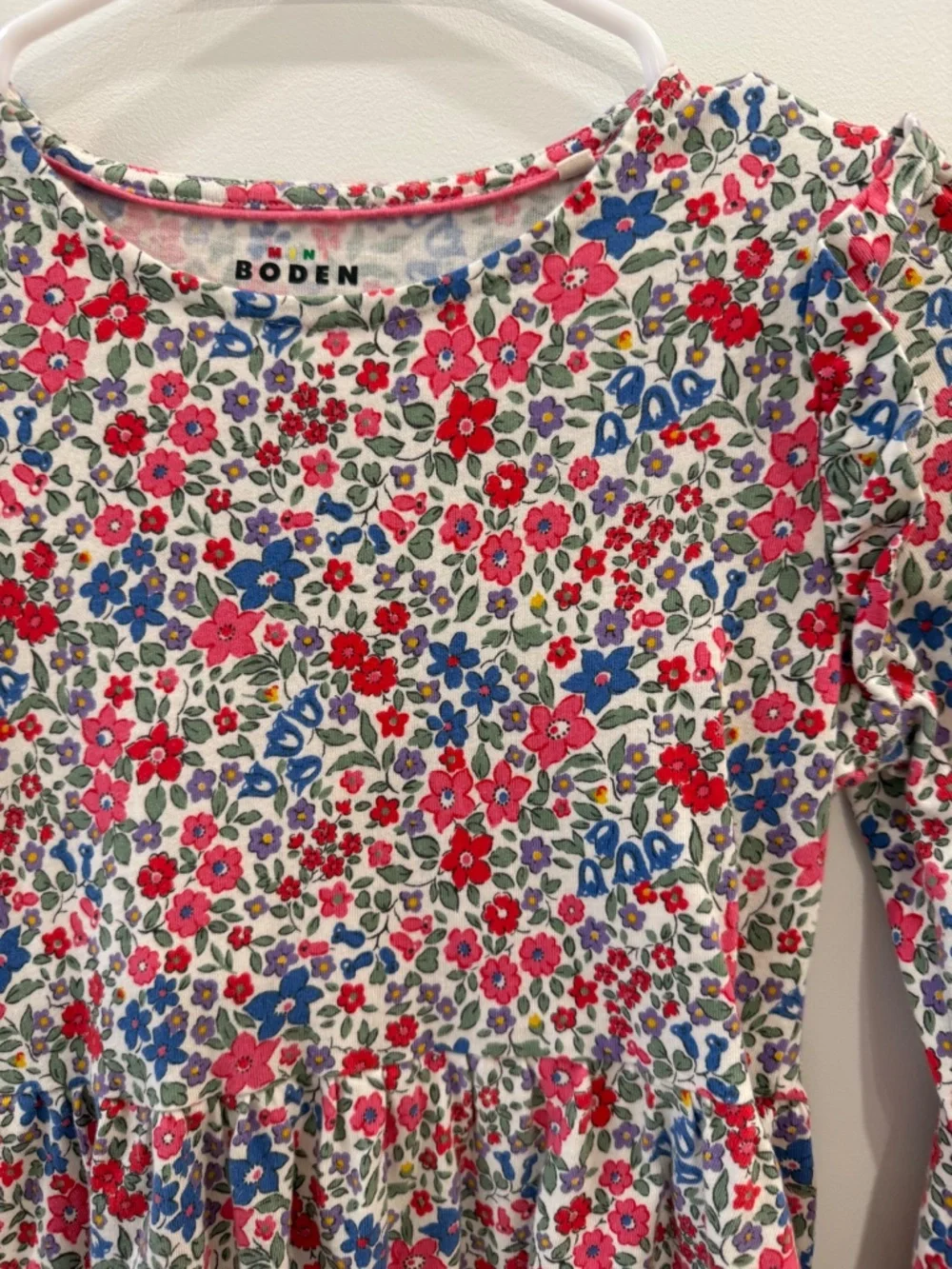 Mini Boden - Red & Blue Flowerbed Posie Long Sleeve Jersey Dress, Size 8-9y